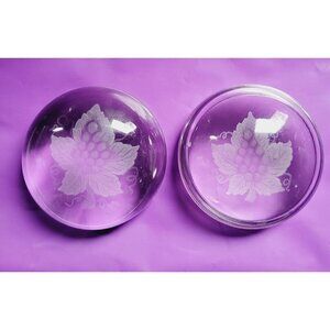 2 Vintage Etched Clear Glass Crystal Flower Floral Paperweights Unmarked